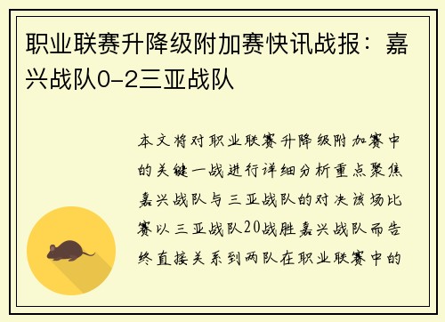 职业联赛升降级附加赛快讯战报：嘉兴战队0-2三亚战队
